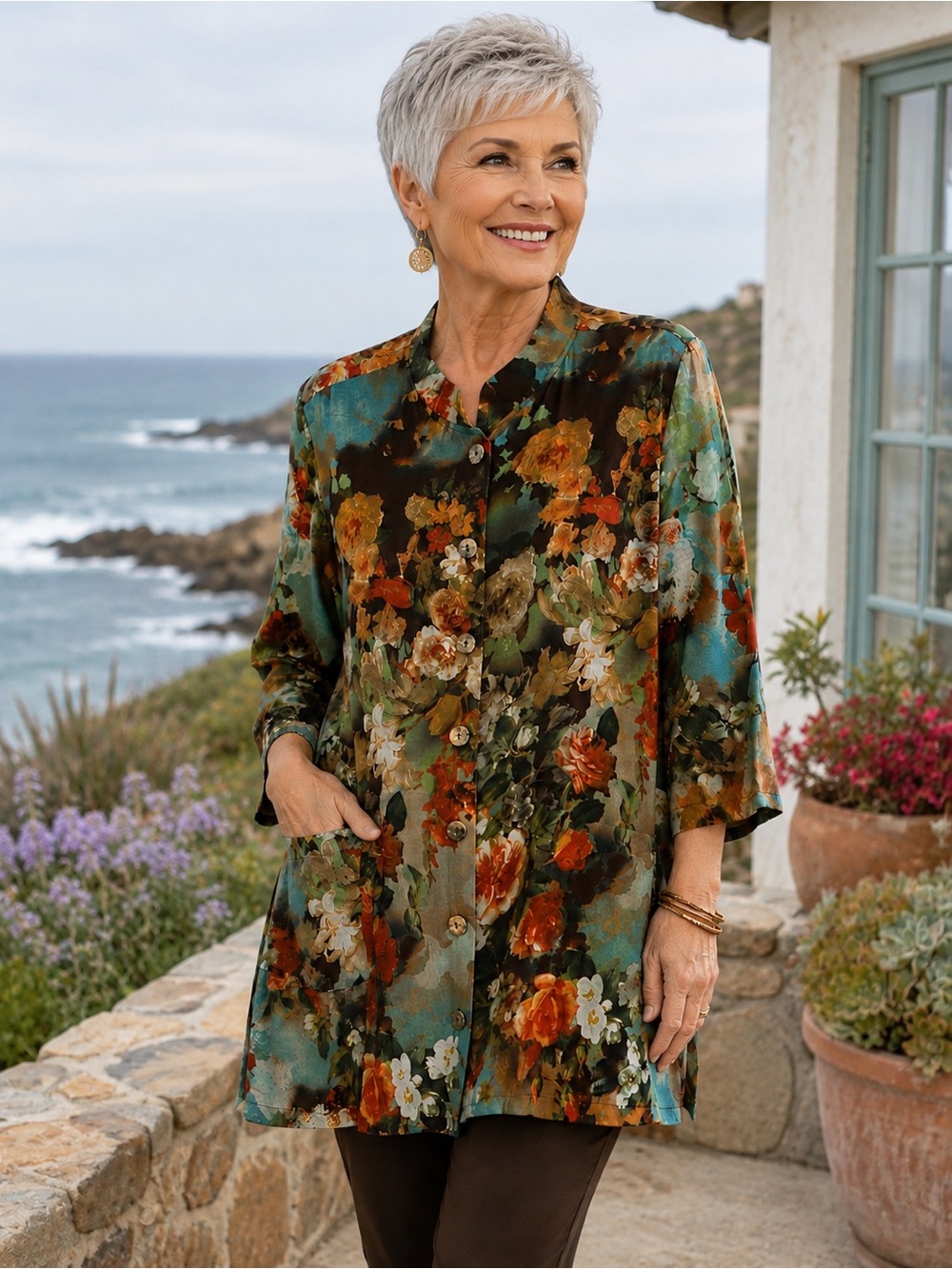 Soft Surroundings Floral Garden Art to Wear Button Front Tunic Top 2X Lagenlook